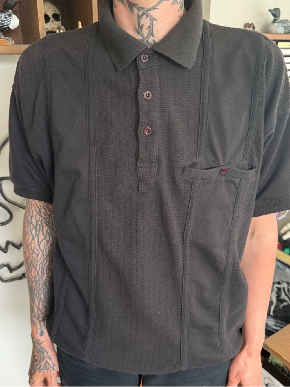 Vintage 80s Black Ribbed S/S Polo Bowling Shirt ~ Size Large